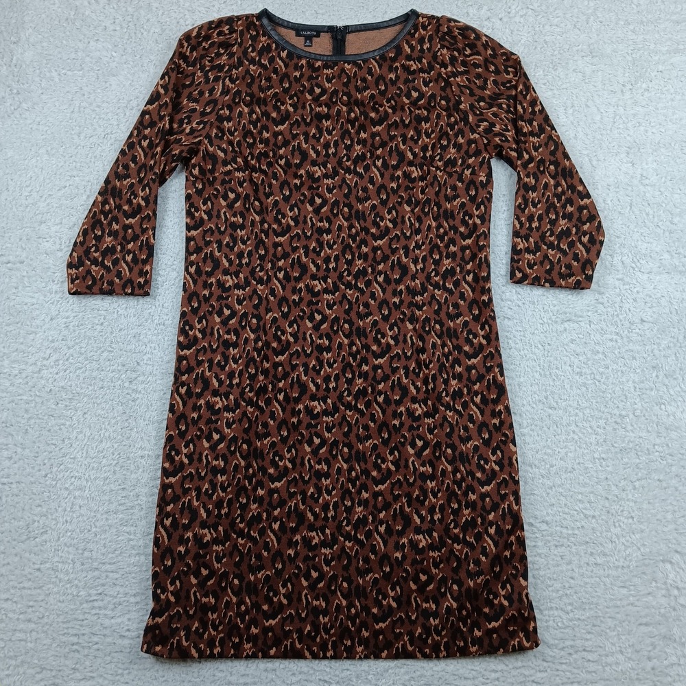 Talbots Sheath Dress Women 12 Brown Leopard Print Faux Leather Trim ID5359 05/23